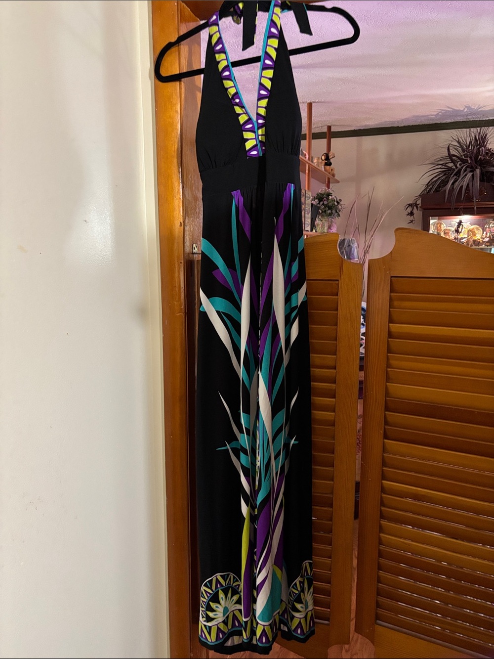 Black Halter Maxi Dress with Purple & Teal Print Trim